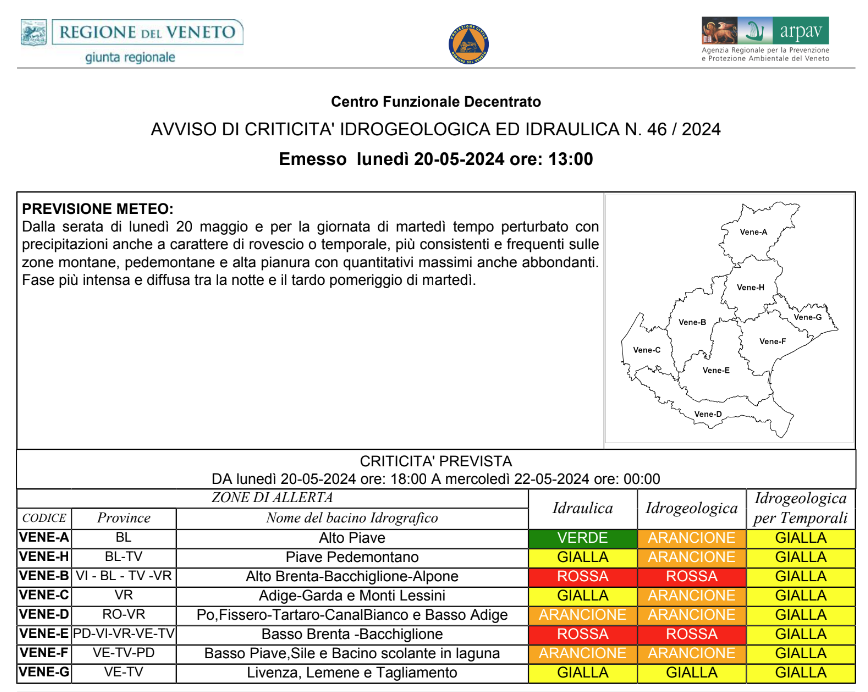 SUEM_Veneto's tweet photo. 20MAG 13:00 #CFD @ProtezioneV
Allerta #Meteo Fino a domani sera attese forti precipitazioni.  Possibile l'innesco di frane e colate rapide sui settori montani, pedemontani e collinari, rischio di allagamenti di locali interrati, strade e sottopassi. https://t.co/3rj1LwEEby