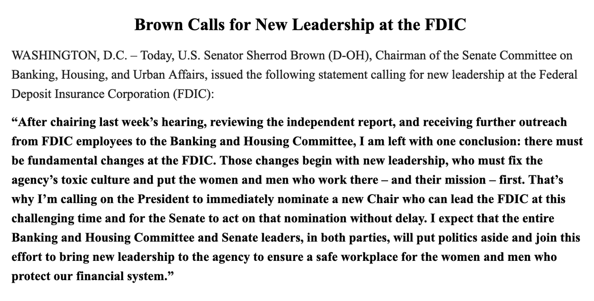 Sherrod Brown, in a tough re-election fight, calls for Martin Gruenberg to step down from the FDIC after a report on the agency's culture of sexual harassment.