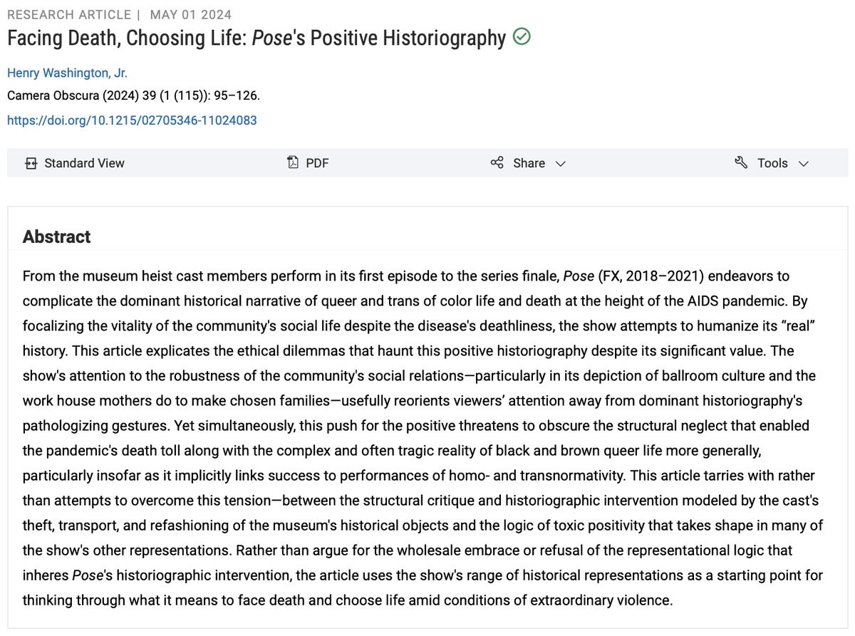 My article on POSE's effort to rewrite the dominant history of AIDS is now available online in @DukePress's Camera Obscura. Check it out and let me know what you think! doi.org/10.1215/027053…