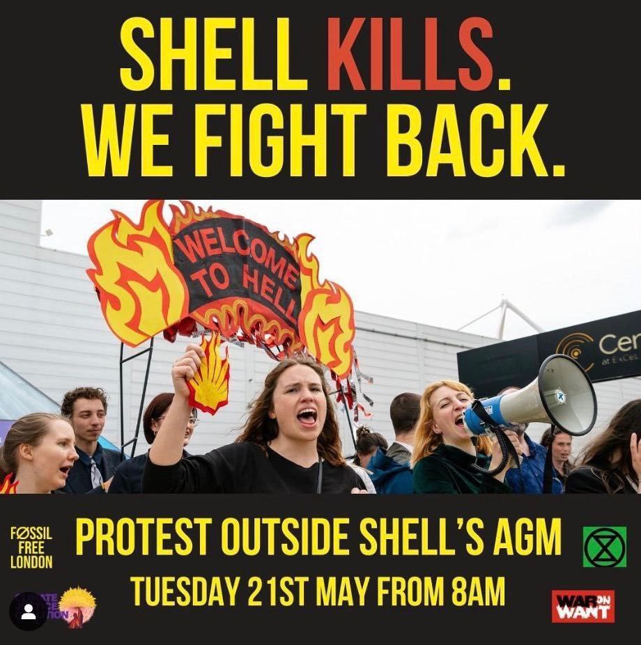 Shell kills. We fight back. Join @fossilfreeLDN, @WarOnWant, @XRebellionUK and more groups tomorrow for a mass mobilisation outside Shell's AGM to protest the violence behind their profits. 📅 From 8am, Tuesday 21 May 📍 Outside the Intercontinental Hotel London, SE10 0TW