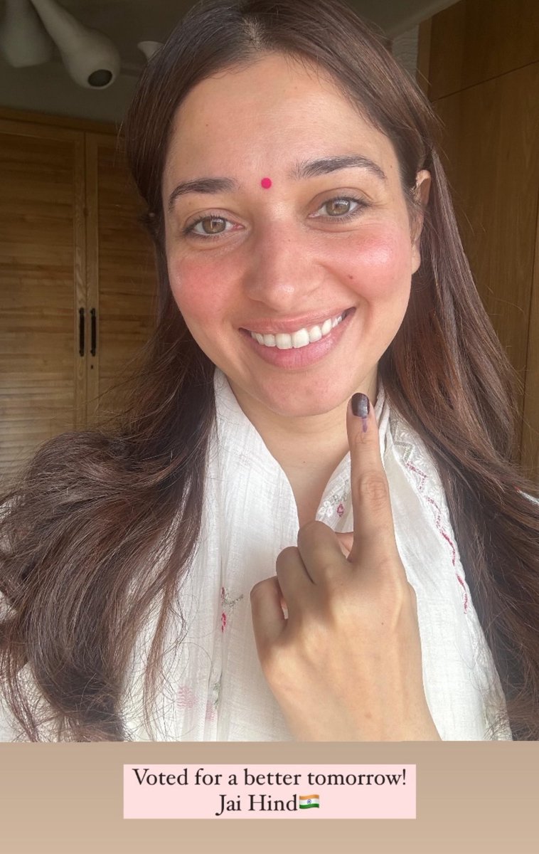 #TamannaahBhatia flaunts her inked finger after casting her vote in Mumbai