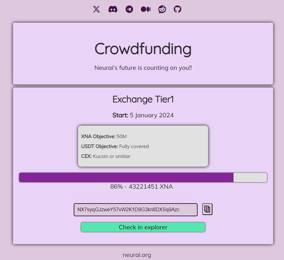 $XNA Neurai Tier-1 Listing Donation   

Here is my next offer - like last time:
 
If the donation is filled to 45M XNA by Thu 23 Mai 0.00 utc time, I will add another 2M XNA

Together we are a strong community🤜🤛

<a href="/neuraiproject/">NeurAI Project / XNA</a>

donation.neurai.org