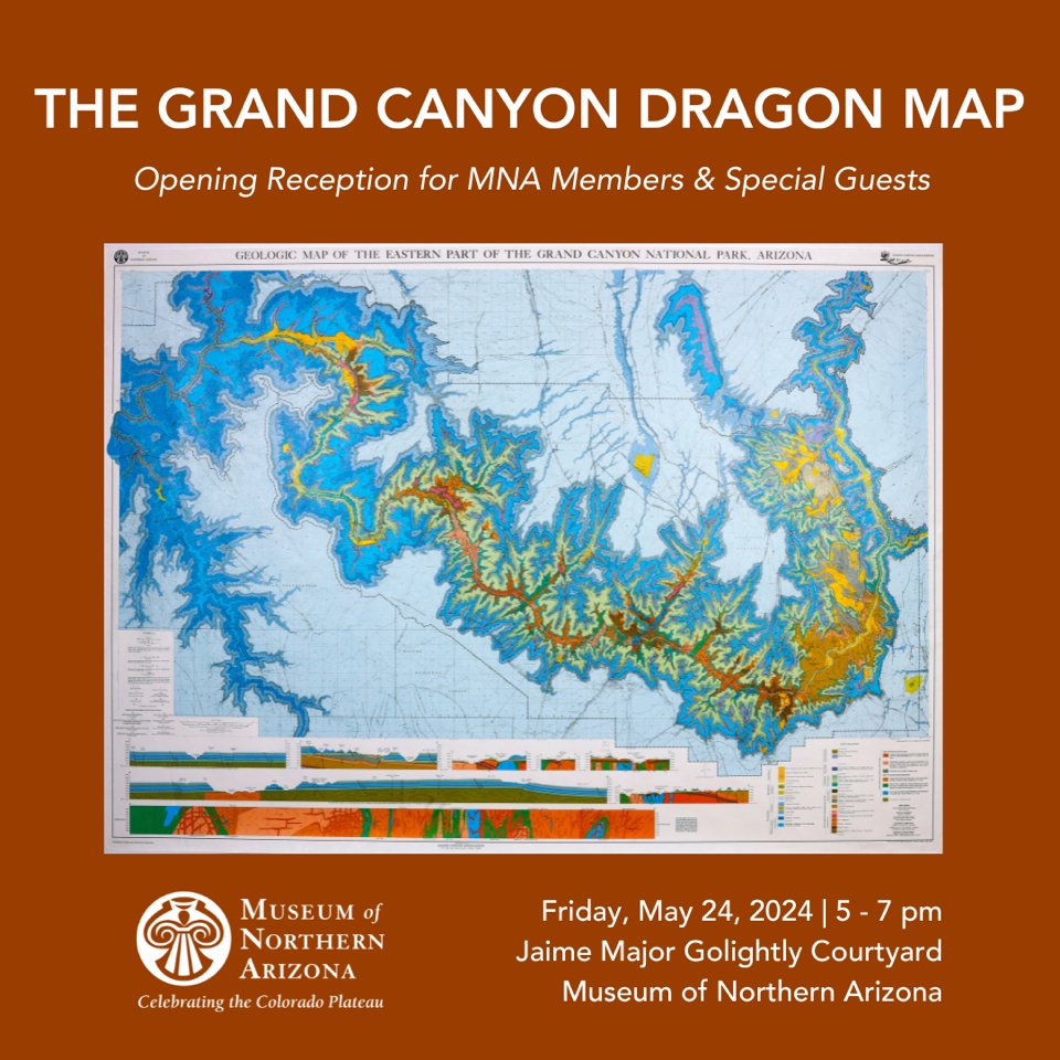 AZGeology's tweet photo. The Grand Canyon “Dragon Map” is back! The Museum of Northern Arizona is bringing back “The Blue #DragonMap” with an exhibit opening on May 25. To honor this special reissue, the AZGS will contribute a week-long series of posts from prominent canyon geologists. #GrandCanyon https://t.co/byMyQcMPoe