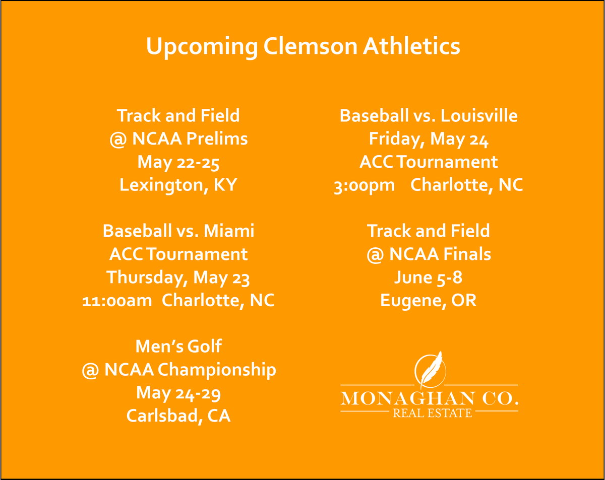MonaghanCompany's tweet photo. Seasons are winding down for our Tigers. Check back in late summer for the combined weekly schedules.
#clemsonrealtors 
#clemsonrealestate 
#localknowledgematters https://t.co/mR2wBeVXjm