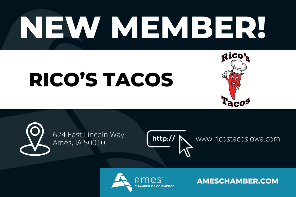 We are excited to welcome Rico's Tacos as a new member of the Ames Chamber of Commerce! Rico's Tacos is an award winning taco truck selling authentic Mexican food at 624 E Lincoln Way in Ames, Iowa. #SmartChoice ricostacosiowa.com