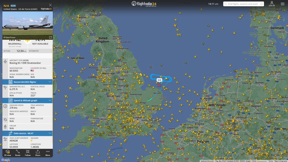 May 20, 2024 #RAF Mildenhall #North Sea #NoCALLSIGN #AE062B USAF KC-135R Stratotanker