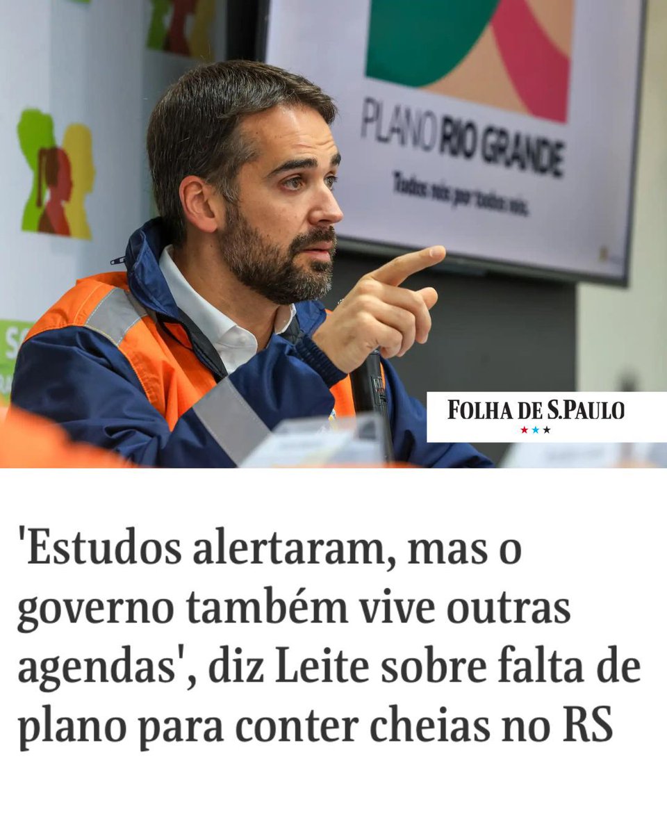 Eduardo Leite declarou à Folha de São Paulo que sabia dos riscos de enchentes, mas optou por priorizar 'a questão fiscal'. Com isso, o governador do Rio Grande do Sul desnudou de vez as consequências do neoliberalismo, que submete o poder do Estado aos interesses do mercado. A