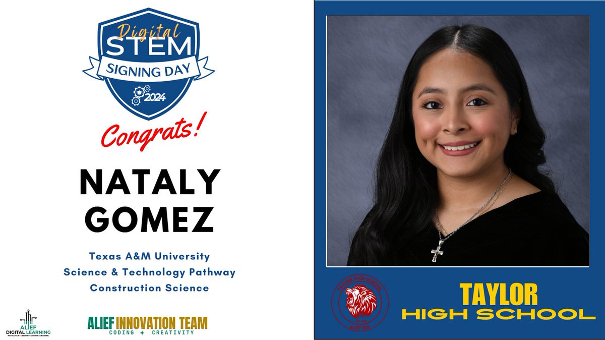 Big cheers to Nataly Gomez on #STEMSigningDay24 🌐 Your dedication to STEM fields paves the way for groundbreaking achievements. We can't wait to see what incredible things you'll do! #STEMStars #BrightFutures @AliefTech @Alief_Libraries @aliefstem @AliefISD @ATaylorHS @AliefCTE