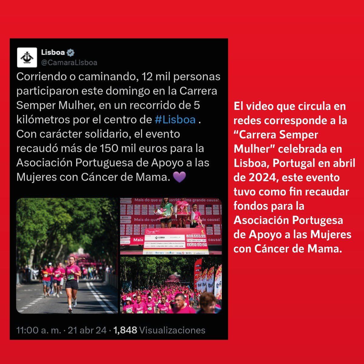 ❌Falso que mujeres en Portugal salieron a caminar en apoyo a @XochitlGalvez ✅El video corresponde a la “Carrera Semper Mulher” en #Lisboa, #Portugal, este evento que tuvo como fin recaudar fondos para la Asociación Portugesa de Apoyo a las Mujeres con #Cáncer de Mama