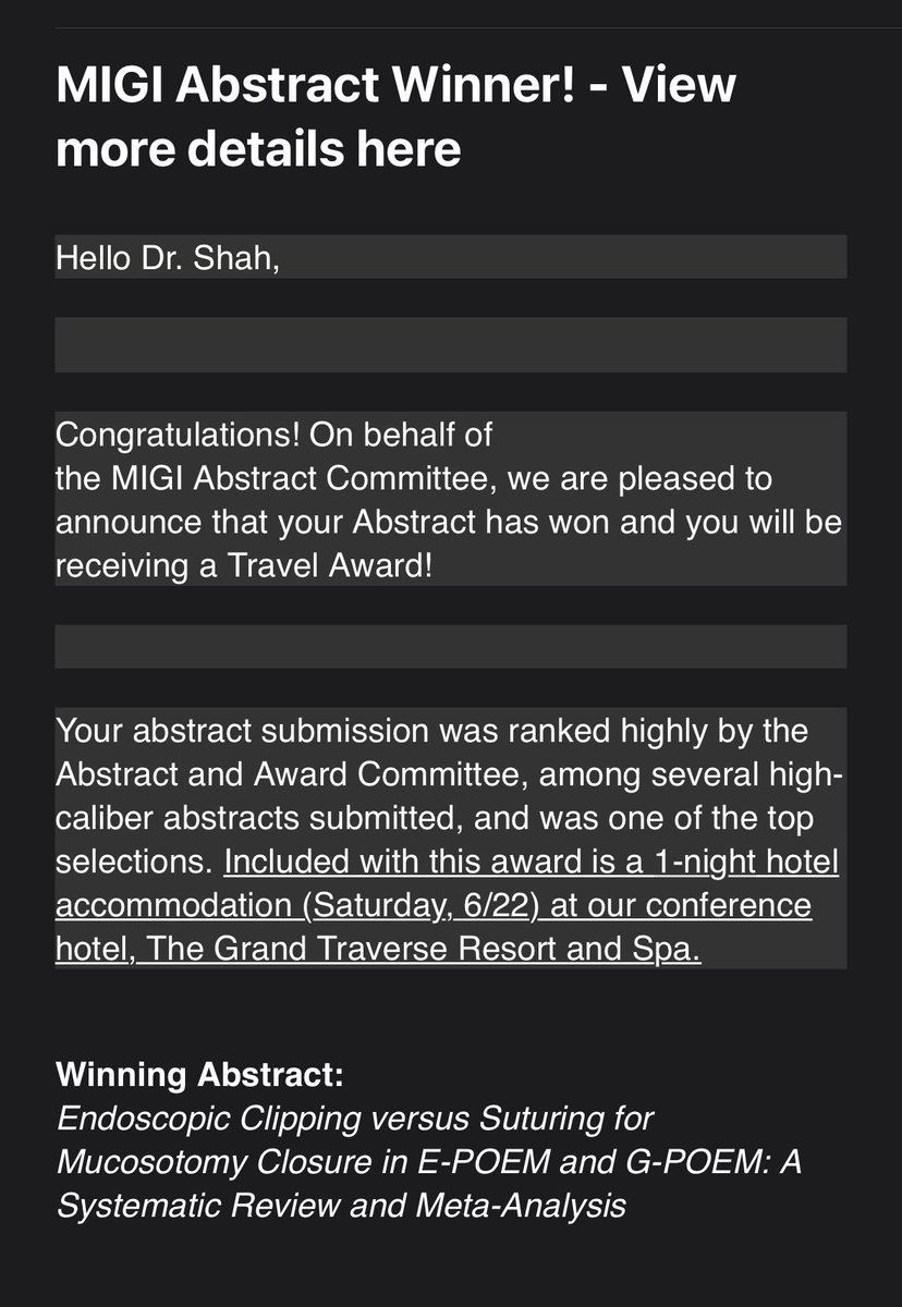 Excited to share that our abstract on Endoscopic Clipping vs Suturing for Mucosotomy Closure in POEM has received Travel 🏅 for @MIGISociety conference ✨💫 Grateful to @AdvaniRashmiMD for the mentorship and support 💯