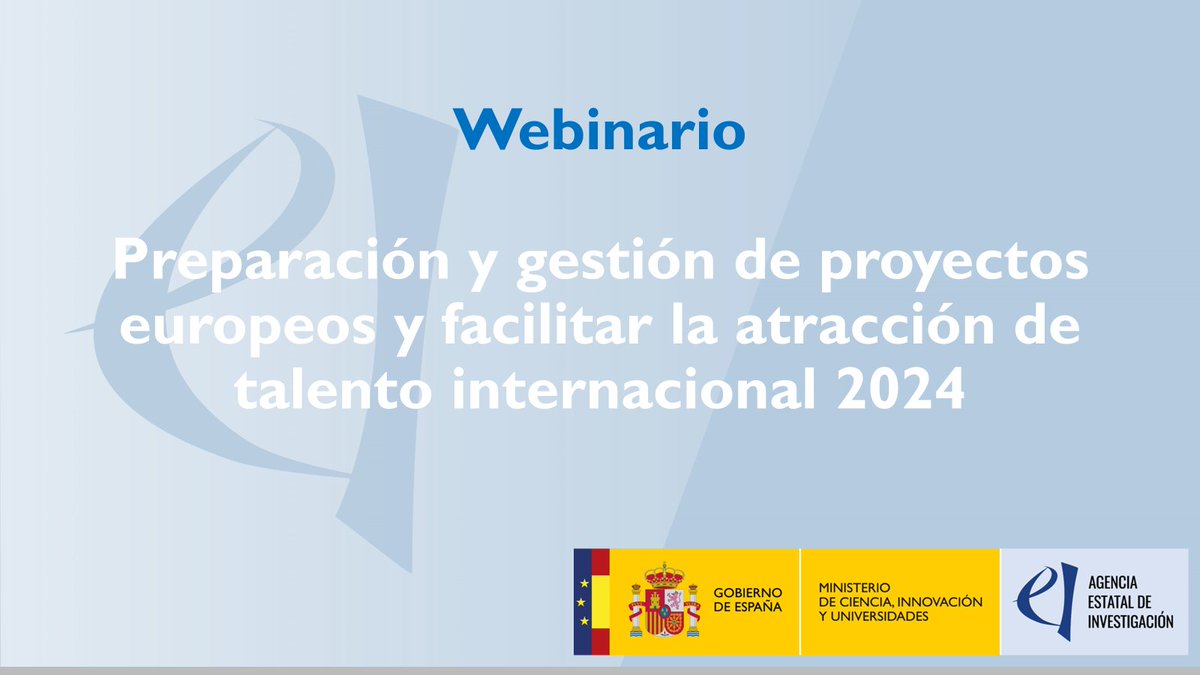 ℹ️ Ya podéis ver la presentación y el vídeo del webinario celebrado por la @AgEInves sobre la convocatoria 'Preparación y gestión de proyectos europeos y facilitar la atracción de talento internacional' 2024. ➡️ aei.gob.es/noticias/celeb…