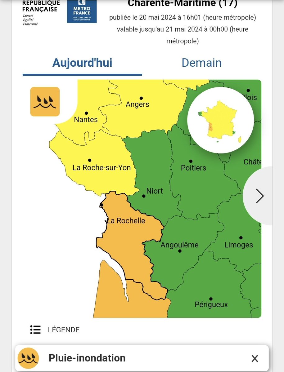 [#Direct] 🟠 Météo-France vient de placer il y a quelques instants le département de Charente-Maritime et de la Gironde en vigilance orange Pluie-Inondation. Début de l'alerte à 18 heures.