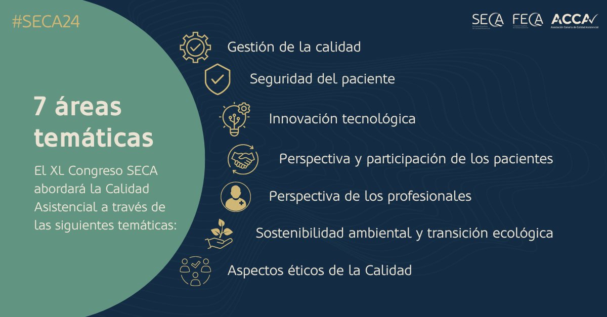 🥼🩺 Este año el Congreso #SECA24 abordará la #CalidadAsistencial a través de 7 áreas temáticas. ✍🏼 ¿Quieres inscribirte? Adelante: calidadasistencial.es/xl-congreso-se…