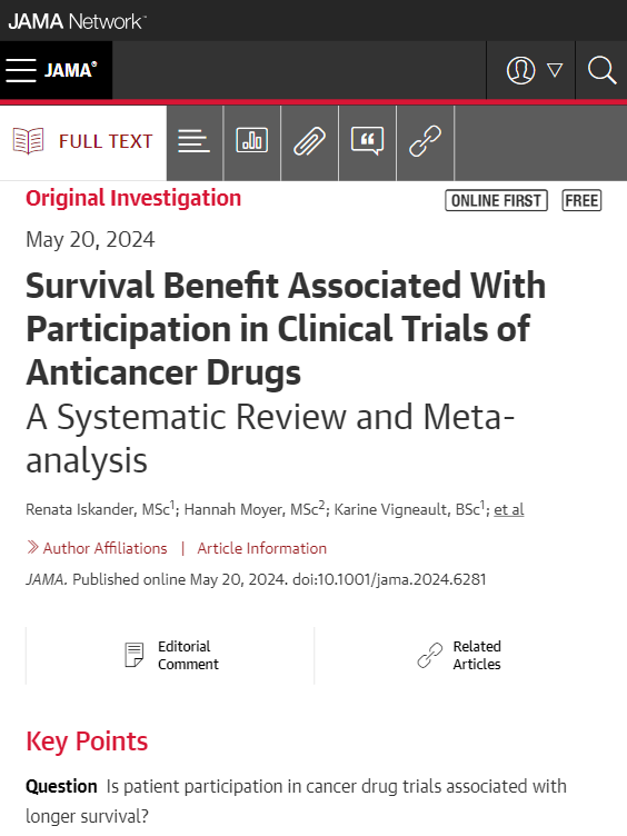 After accounting for biases and confounders, cancer clinical trial participation was not associated with longer survival. ja.ma/44NAqEq
