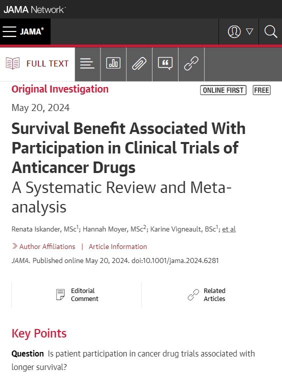 After accounting for biases and confounders, cancer clinical trial participation was not associated with longer survival. ja.ma/4dPQ2vs