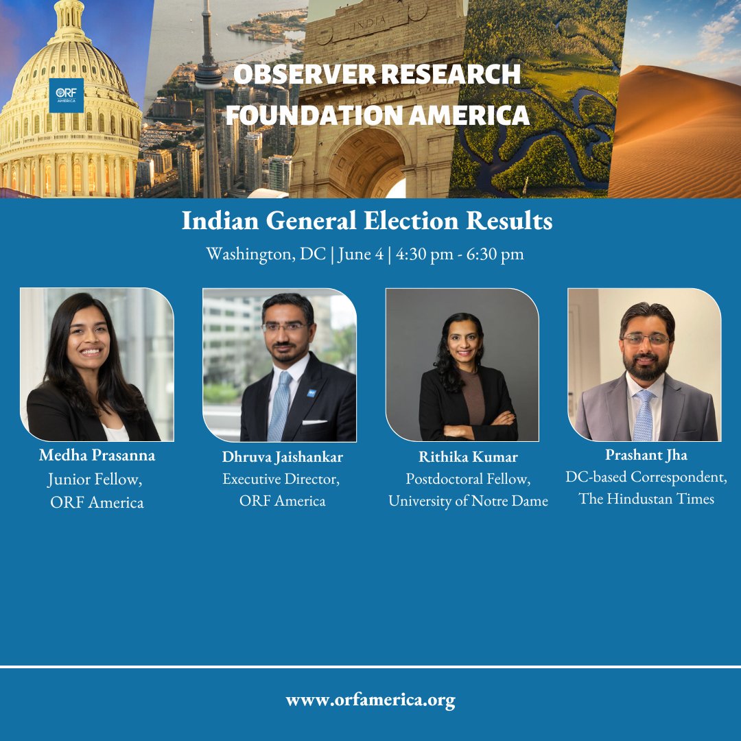 970 million Indians are expected to vote in this year’s general election. On June 4th, join @orfamerica to dive into the results of #IndiaElections2024 with @djaishankar, @kumar_rithika, @prashantktm and @medhaprasanna. RSVP here: bit.ly/3wjoRIw