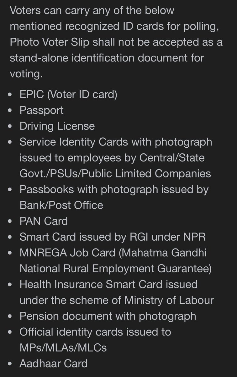 @KedarNiwasi @nanditathhakur (Identity proof is essential). As per the Election Commission notification dated April 2, 2024, these are alternative documents you can use if you have your name in the voter list but do not have your EPIC or voter ID to establish their identity: Aadhaar Card MNREGA Job Card