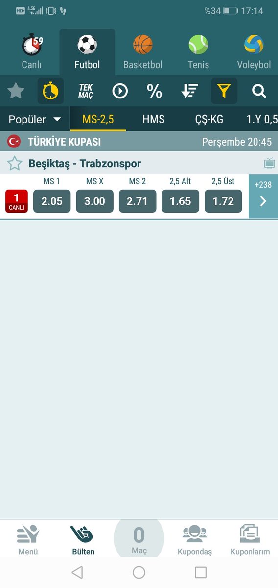 Net favoriyiz.Oranlar açılmış. 2.05 ten yüklenelim. #BJKvTS #ZTK #VurPençeniKupaya