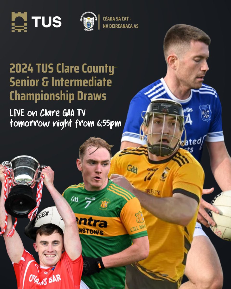 The Draws for the @TUS_ie 2024 Clare Senior and Intermediate Hurling and Football Championships take place at TUS Ennis tomorrow evening. The draws will be broadcast live by Clare GAA TV at this link. Coverage begins at 6:55pm vimeo.com/event/4318759