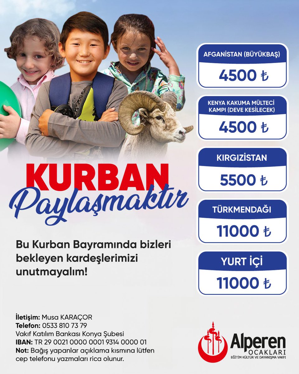 KURBAN PAYLAŞMAKTIR.

Her yıl olduğu gibi bu yılda dünya mazlumlarına umut olan Alperen Ocakları Vakfı 2024 Kurban Bayramını da mazlum coğrafyalarda  geçirecektir.