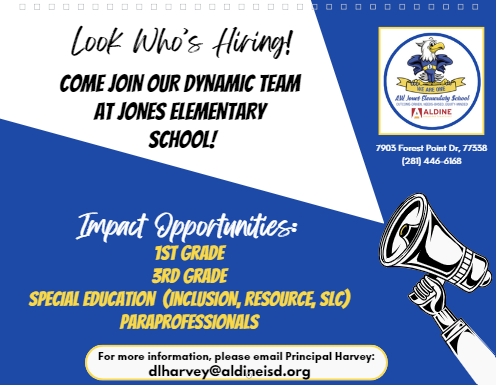 There's still time! You don't want to miss the opportunity to join the BEST TEAM in @AldineISD... Please send all inquiries to dlharvey@aldineisd.org. The Jones Elementary Team is waiting for YOU! #JESEnjoyTheRIDE @carlonda_davis @palegria1 @MsMBaskin