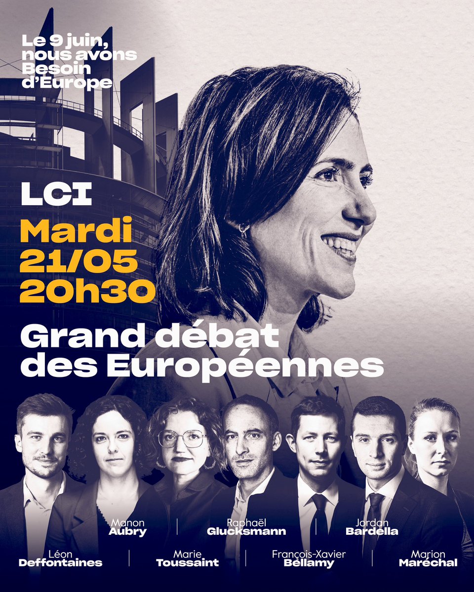 🚨Rendez-vous demain, 20h30 sur LCI, pour le premier grand débat des Européennes. Le 9 juin, c'est un seul jour, un seul tour. #LaGrandeConfrontation #BesoindEurope