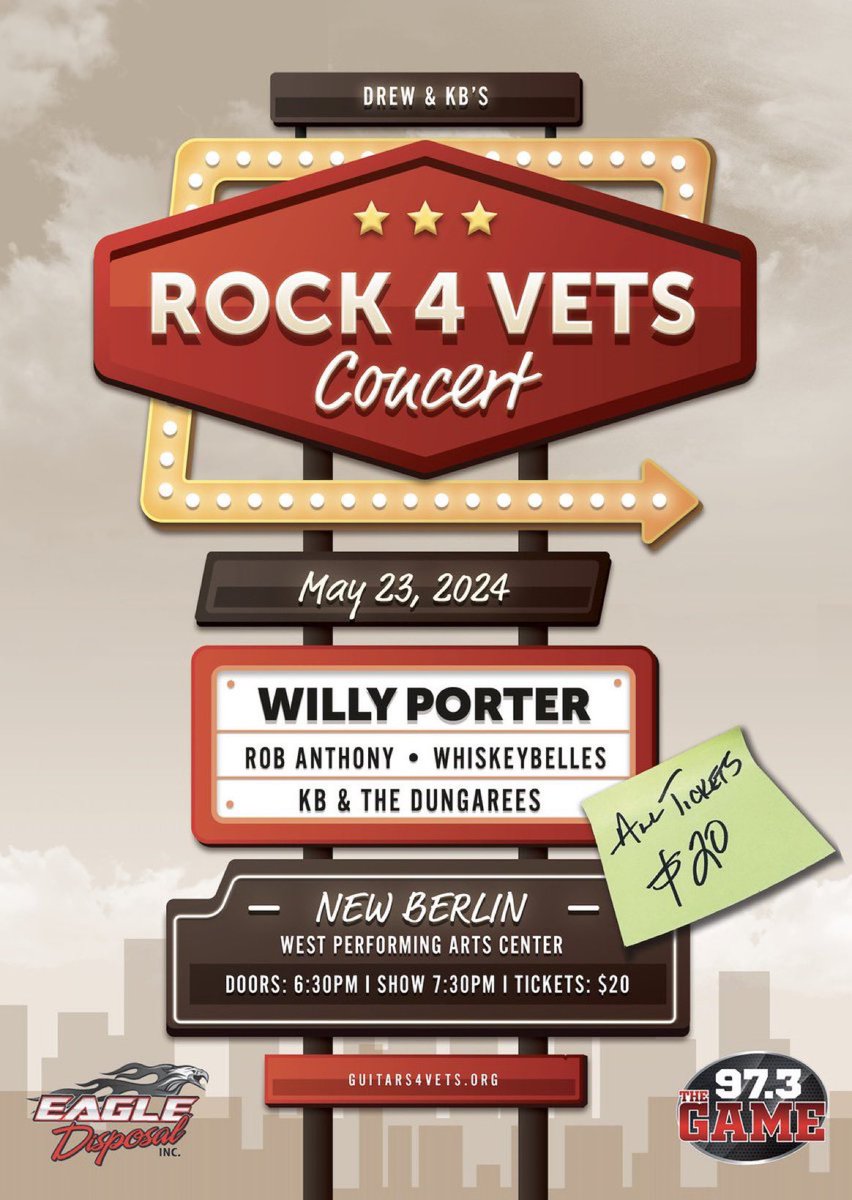 Our @guitarsforvets fundraiser is this Thursday night! Join us for @WillyPorter, @whiskeybelles, @robanthonymusic and @onairKB and the Dungarees.
