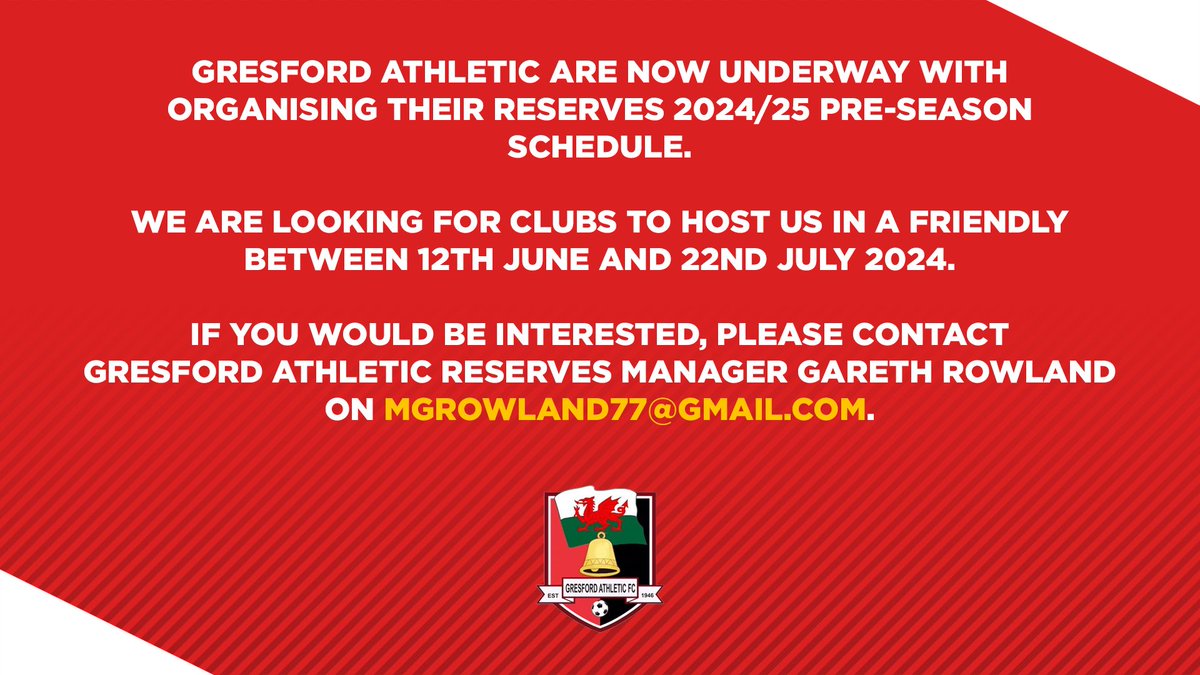 🗓️ | The Reserves are looking for clubs to host us in a 2024/25 pre-season friendly between 12th June and 22nd July 2024. If you would be interested, please contact Reserves Manager @Rowly_01 on mgrowland77@gmail.com.