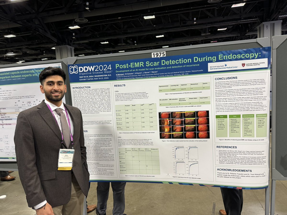 neal_mahajan's tweet photo. Excited to present the results of our pilot study using #ML to detect and classify post-EMR scars at #DDW2024! Looking forward to continuing this important work with @tberzin @sudanigastro #jamesstone #enrikgeissler to expand the use of AI in the endoscopy suite. #AIinGI #MedAI https://t.co/yRNaZMMhPD