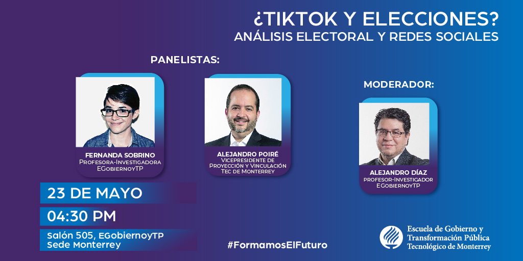 📱¿Cómo influye #TikTok en las elecciones? No te pierdas nuestro panel con <a href="/FerSo47/">Fer Sobrino 🦖</a>, <a href="/AlejandroPoire/">Alejandro Poiré</a> y <a href="/alejdiazd/">Alejandro Díaz Domínguez</a> el 23 de mayo a las 4:30 PM en sede Monterrey.

Regístrate aquí ow.ly/aQsr50RIrZv

#FormamosElFuturo