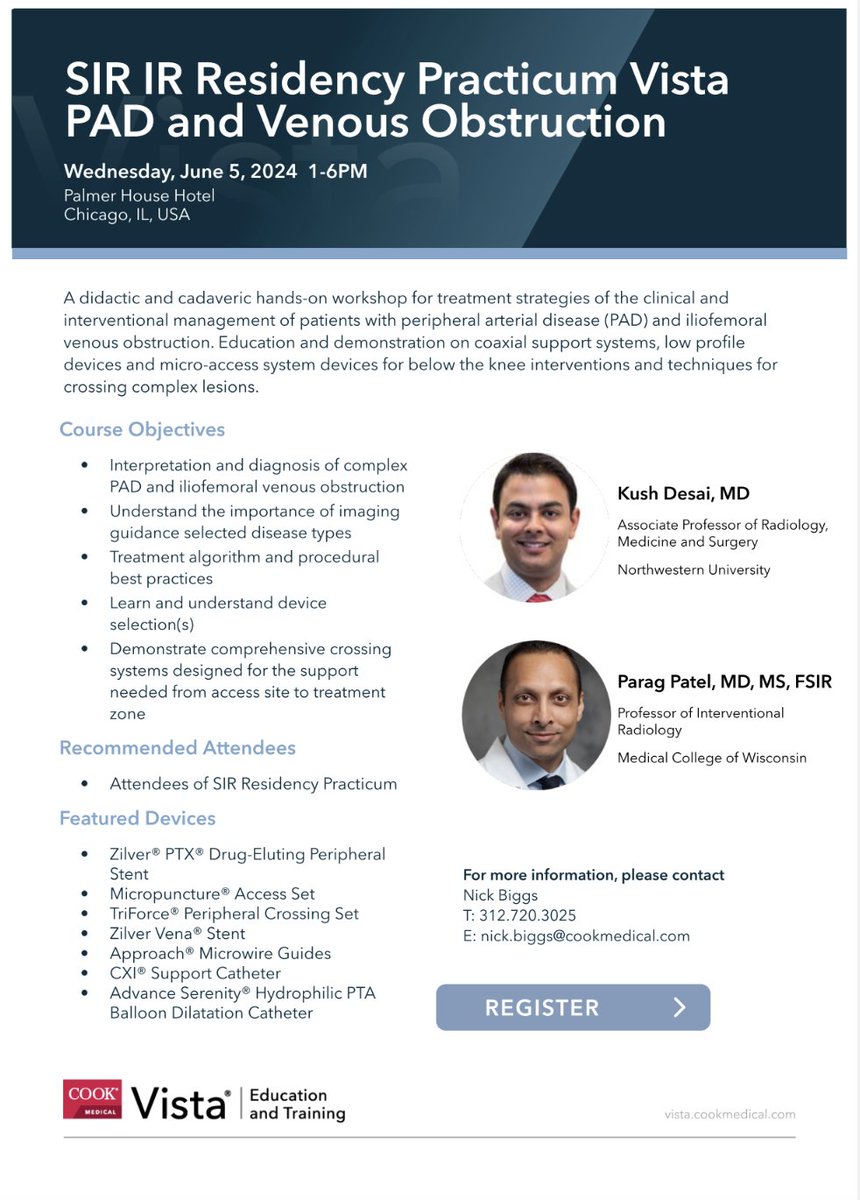 Are you planning to attend the SIR IR Residency Practicum? Join us beforehand for a cadveric PAD/Venous Obstruction hands-on course taught Drs. Parag Patel & Kush Desai. Click here to pre-register: register.cookevents.com/event/dd20df32… @kush_r_desai @paragpatel_IR @SIRspecialists @SIRRFS