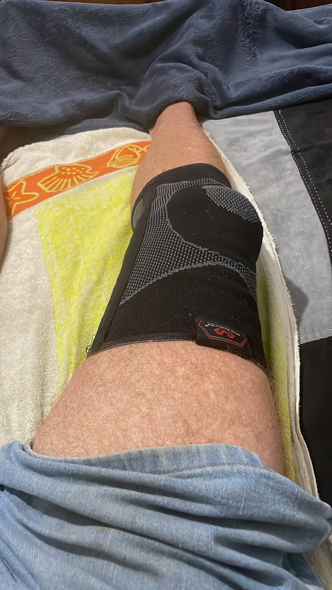 Knee brace with the three lidocaine patches under it. That’s what happens when you get your foot turned around 180° and the military thinks you need to still run every day! Not to mention the shots I get every four or five months.