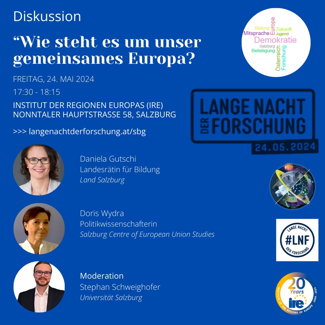 Lange Nacht der Forschung 2024. Neben den angebotenen Stationen am IRE organisieren wir auch eine Diskussion zu Europa & Demokratie. 🇪🇺 Schauts vorbei: Freitag, 24.5. um.17:30 am IRE #lnf24 @SCEUS_Salzburg