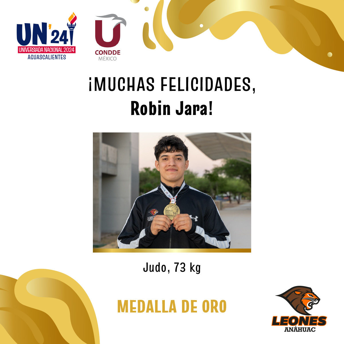 #VamosLeones Gracias a su energía, pasión y compromiso durante la #UniversiadaNacional2024, Robin Jara ganó la medalla de oro en Judo, categoría open 🥋🥇👏🏼 ¡Muchas felicidades! 🦁🙌🏼 @UniversiadaMX @ConddeMx