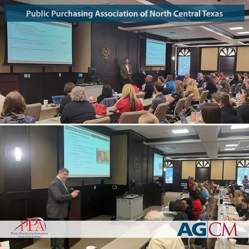 Last week, AG|CM presented in front of the Public Purchasing Association of North Central Texas. Our construction experts shared their experience on the complexities and challenges of public procurement on construction projects to a roomful of North Texas leaders. Well done guys!