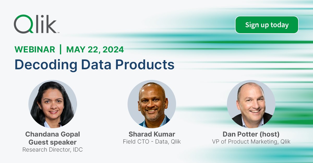 Ready for data-driven insights? Join us this Wednesday for a webinar with @IDC's Chandana Gopal and Qlik's Dan Potter and Sharad Kumar. Register now to gain an understanding of data products and how to leverage them in today’s #AI-driven landscape. bit.ly/3JNikJe