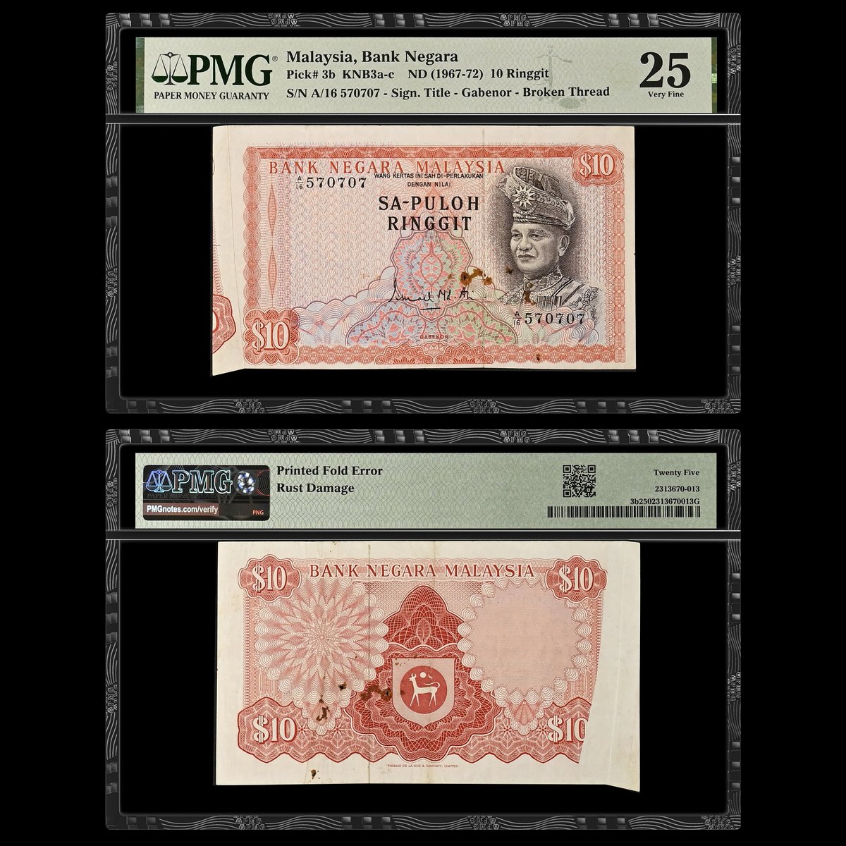 Note of the Day: Our featured banknote this #MistakeMonday displays a Printed Fold Error, which occurs when a banknote sheet is folded prior to printing. Take a look at this Malaysia, Bank Negara ND (1967-72) 10 Ringgit graded PMG 25 Very Fine.