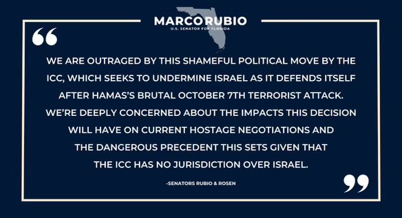 *Joint* bipartisan Rubio/Rosen statement condemning the ICC: “We're deeply concerned about the impacts this decision will have on current hostage negotiations and the dangerous precedent this sets.' First Democratic senator I think I've seen react.