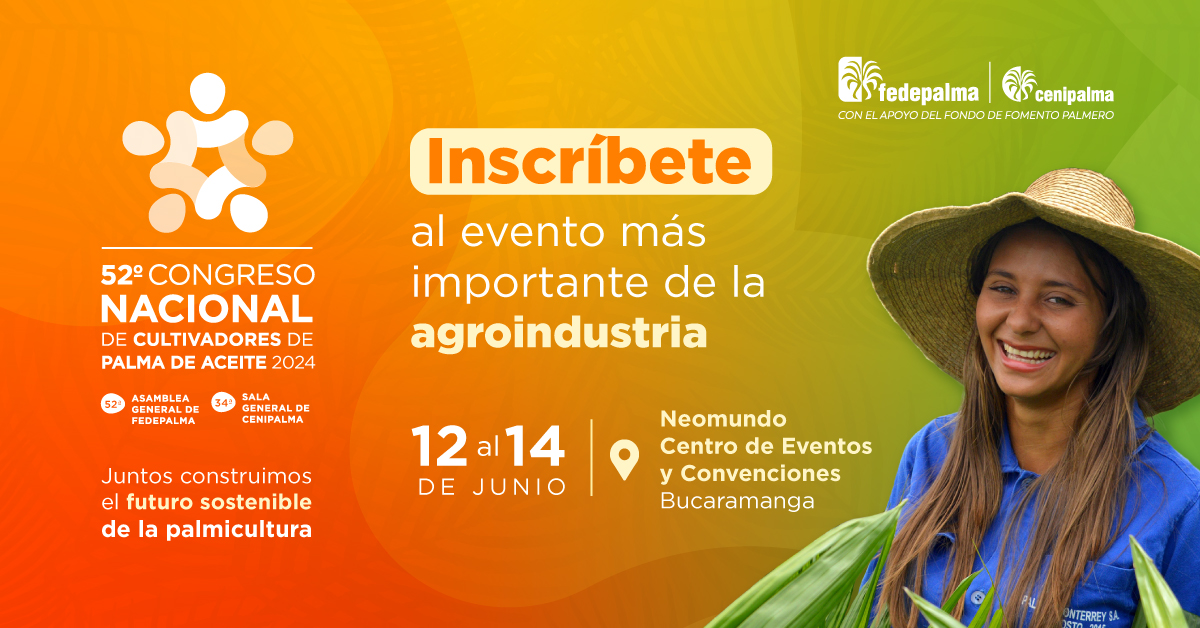 ¡Aún estás a tiempo de registrarte en el #52CongresoPalmero! Del 12 al 14 de junio te esperamos en Bucaramanga en el evento más importante del sector, que contará con una agenda que no te puedes perder. Inscríbete aquí: fedepalma.org/congreso-palme…