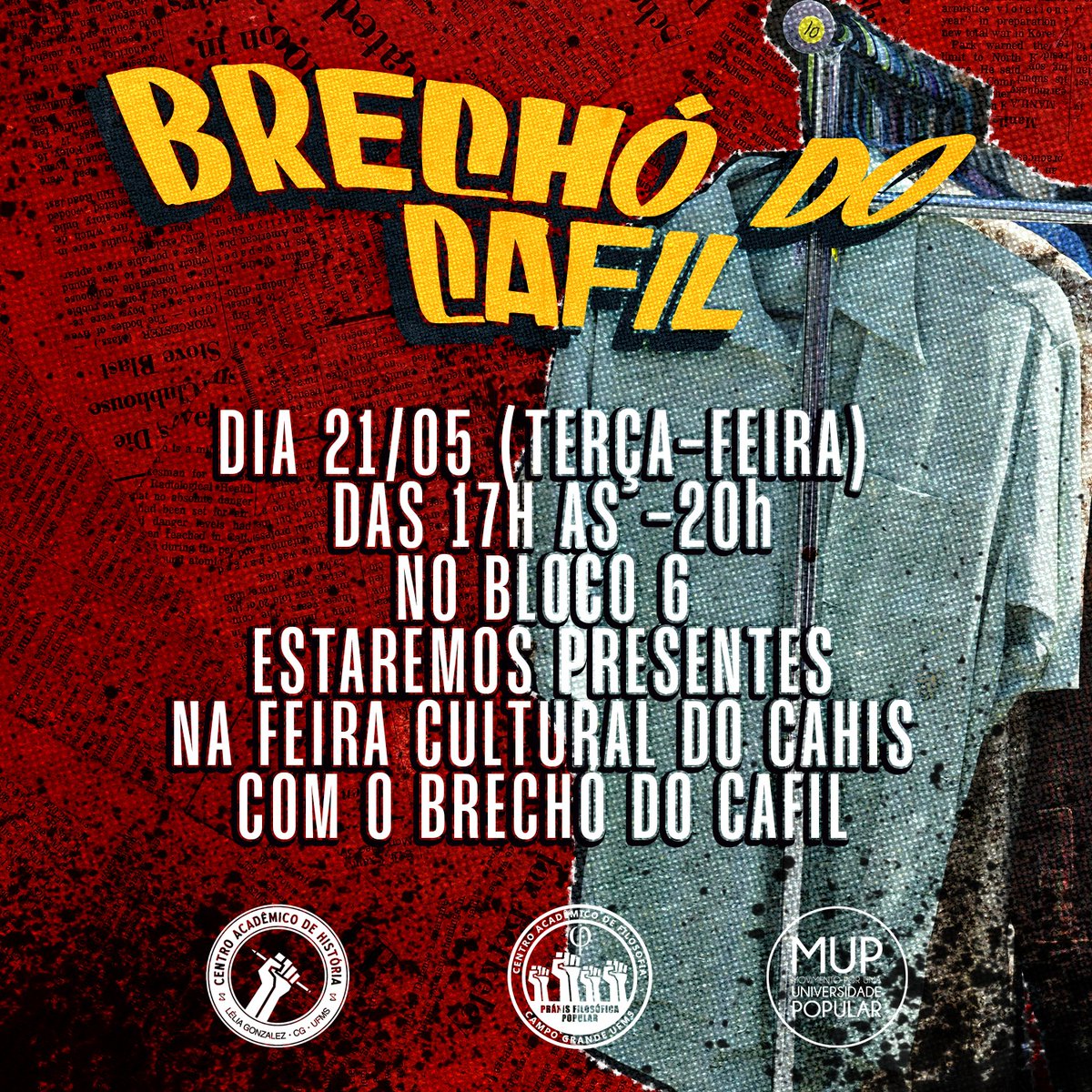 cafilpfp's tweet photo. A Práxis Filosófica Popular participará da II Feira Cultural do CAHIS na UFMS, dia 21/05, das 17h às 20h. Convidamos os discentes a prestigiar as exposições e apoiar o CAFIL, que organizará um brechó para arrecadar fundos. https://t.co/fTQIWUoKS2