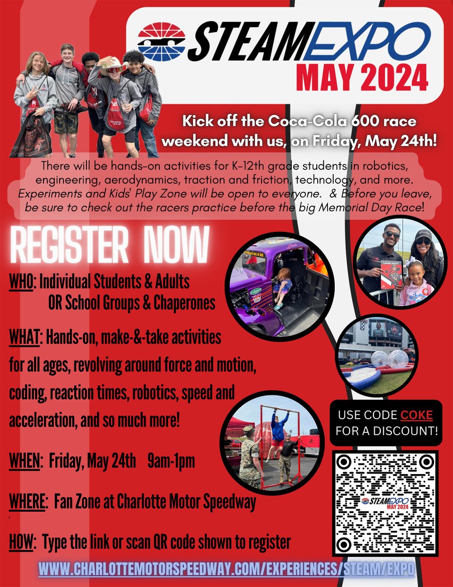 Our friends @CLTMotorSpdwy have extended a special invitation to all WKA karters to come out to their STEAM Expo on Friday, May 24th from 9am-1pm. Use code: COKE for a $10 discount when registering. Register today at charlottemotorspeedway.com/experiences/st… #WKA #STEAM