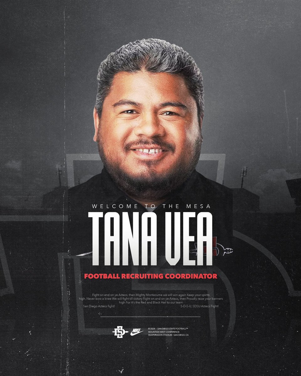 Welcome to The Mesa, @Tana_Vea! He joins our staff as a Football Recruiting Coordinator! #AztecFAST 🍢 x #BeTheA1pha 🐺