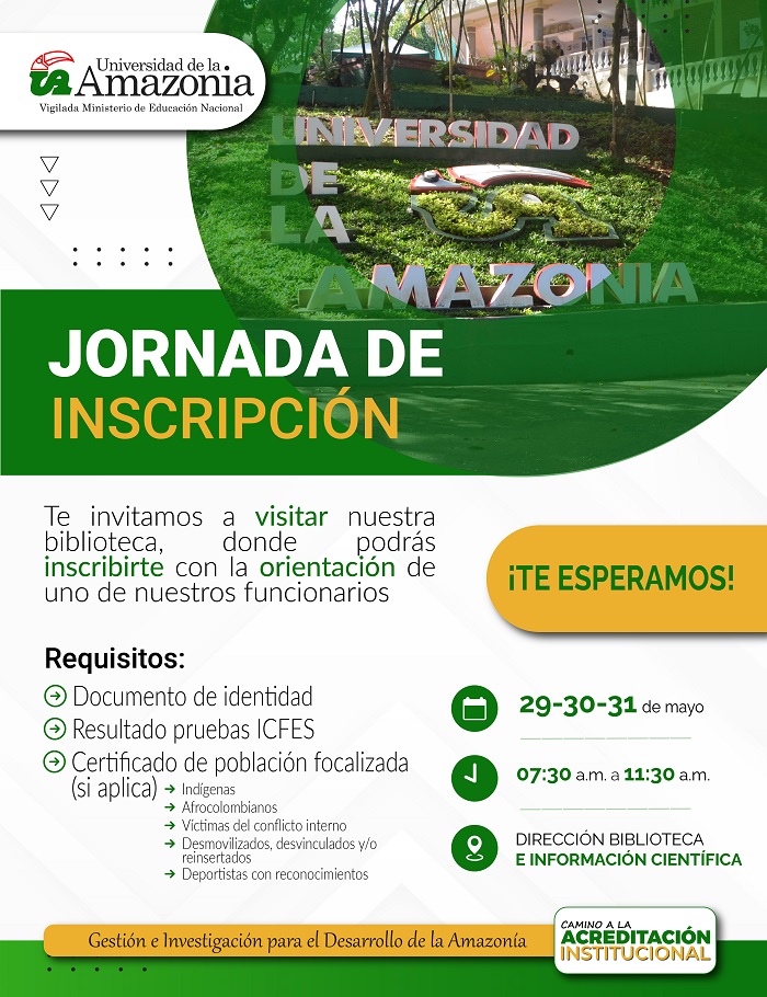 Si estás interesado en matricularte en la Universidad de la Amazonia y tienes inquietudes sobre el proceso, estaremos este 29, 30 y 31 de mayo del 2024 en la biblioteca. Link de inscripción: chaira.uniamazonia.edu.co/academicov3/vi… #GestiónEInvestigaciónParaElDesarrolloDeLaAmazonía