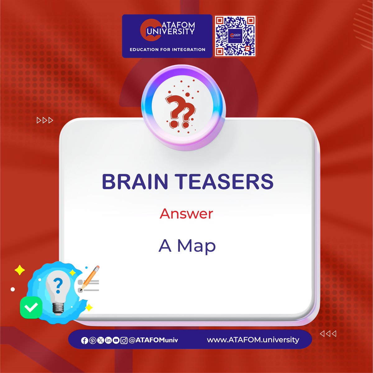 Exercise your mind with our latest brain teaser challenge!

Test your wits and sharpen your cognitive skills with ATAFOM University.

#BrainTeaser #MindChallenge #PuzzleFun #CriticalThinking #BrainGames #UniversityLife #ATAFOMonlinecampus #Learning #Education #Student
