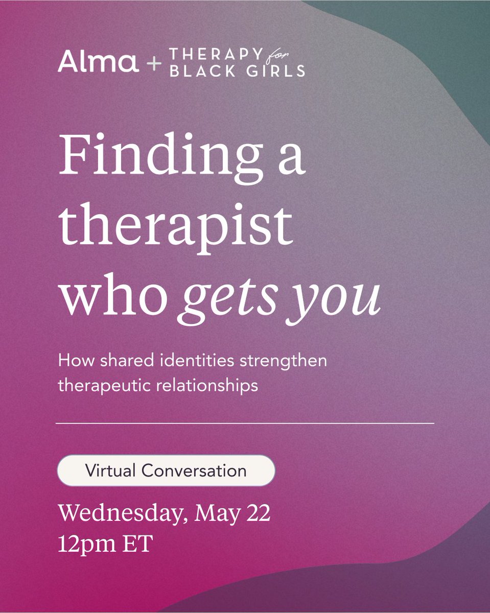 therapy4bgirls's tweet photo. The relationship between you &amp; your therapist can make all the difference in how much you get out of sessions. While trust grows over time, shared identities can create a solid foundation of understanding. Join TBG &amp; Alma to learn how to find a therapist who gets you. https://t.co/9Fk8hy01VJ