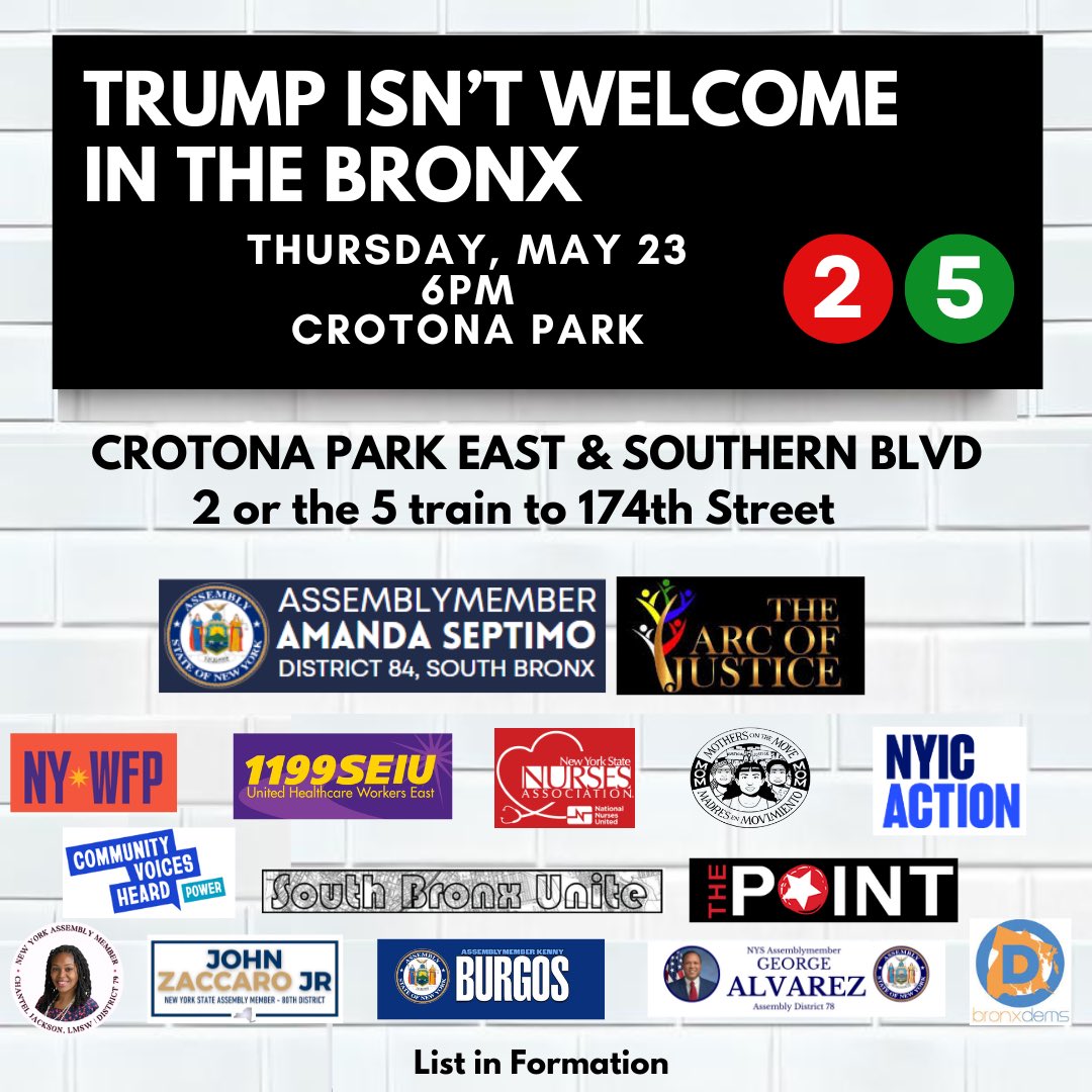 AmandaSeptimo's tweet photo. Trump holding a campaign rally in the South Bronx and not getting an answer from us?
Not on my watch!
You’re all invited join me, @KirstenJohnFoy with the Arc of Justice & the South Bronx community to rally in support of everything The Bronx is *really* about! https://t.co/5NfVzQOXOi