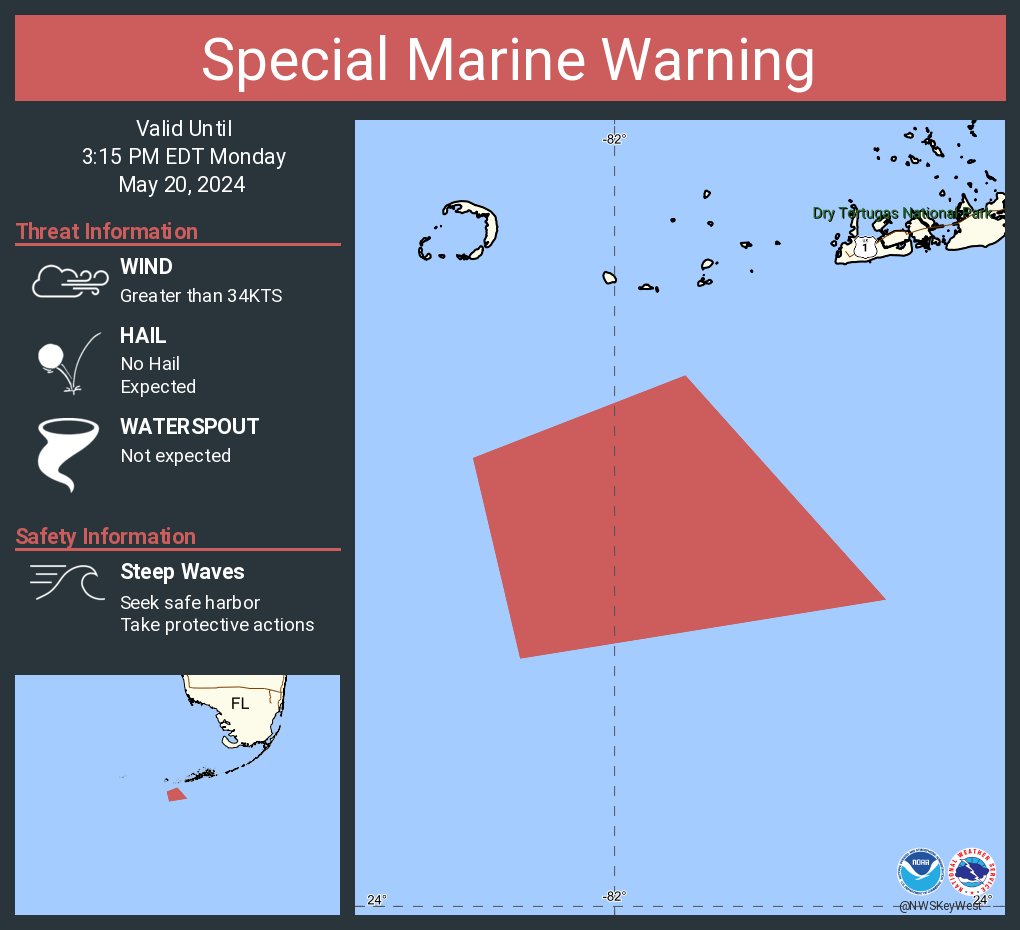 Special Marine Warning continues for the Straits of Florida from west end of Seven Mile Bridge to south of Halfmoon Shoal out 20 NM until 3:15 PM EDT