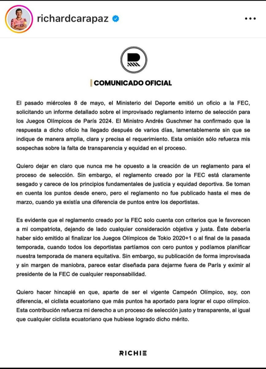 pochoharbEC's tweet photo. Se destapó la olla. Richard Carapaz denuncia que crearon un reglamento fuera de tiempo para perjudicarlo. Es tanta la crisis dirigencial que hasta a un campeón olímpico se lo maltrata y se pretende dejarlo afuera para que ni siquiera defienda su medalla. Ya saldrán los detractores, enemigos sistemáticos de quienes tienen éxito, a defender tamaño despropósito. En cualquier otro lado, Carapaz era el abanderado de la delegación en el desfile inaugural. Aquí ni siquiera va a ir.