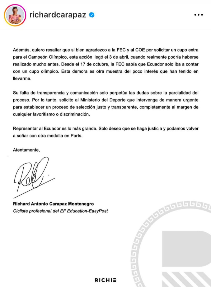 Se destapó la olla. Richard Carapaz denuncia que crearon un reglamento fuera de tiempo para perjudicarlo. Es tanta la crisis dirigencial que hasta a un campeón olímpico se lo maltrata y se pretende dejarlo afuera para que ni siquiera defienda su medalla. Ya saldrán los