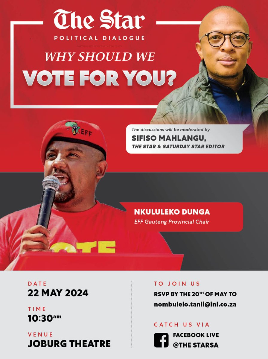 TheStar_news's tweet photo. Be part of the second instalment of The Star political dialogue. Moderated by The Star and Saturday Star editor, Sifiso Mahlangu, the dialogue promises a rich exchange of ideas and insights.

#TheStarNewspaper
#WhyShouldWeVoteForYou
#Elections2024 https://t.co/nByXTNjFx3